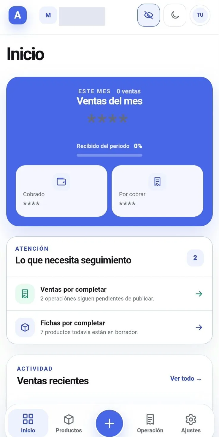Pantalla de inicio del panel de AlphaCommerce: ventas del mes, cobrado, por cobrar y las operaciones que necesitan seguimiento.