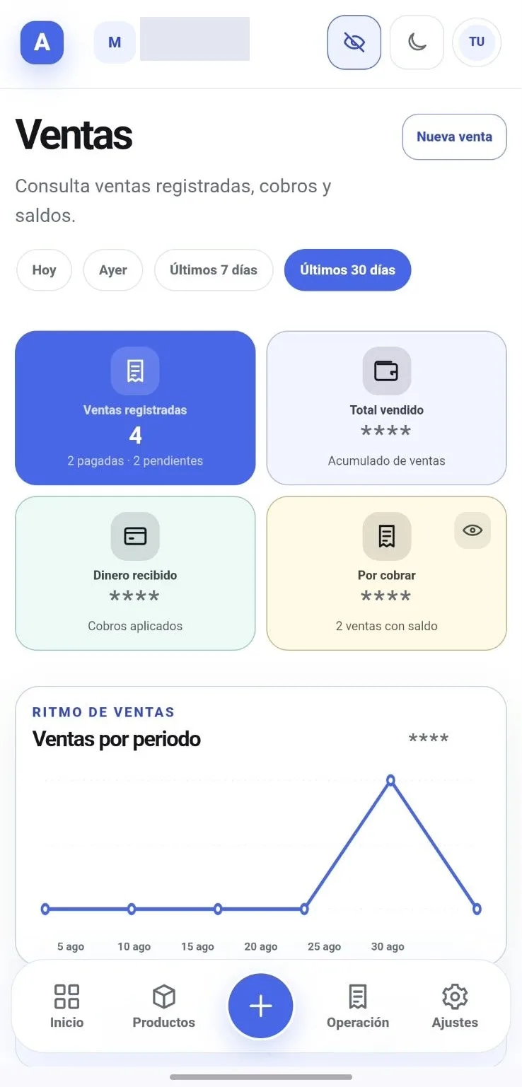 Registro de una venta en AlphaCommerce, con producto, cantidad, precio y el pago recibido.