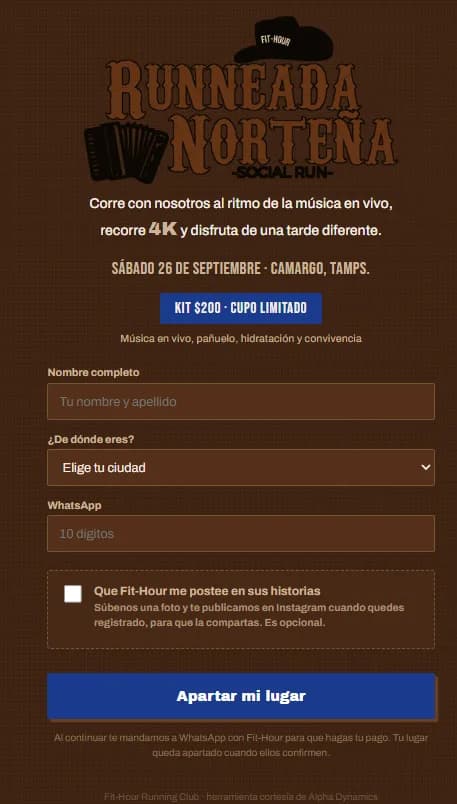 Página pública del evento con el formulario de inscripción y los datos de la carrera.