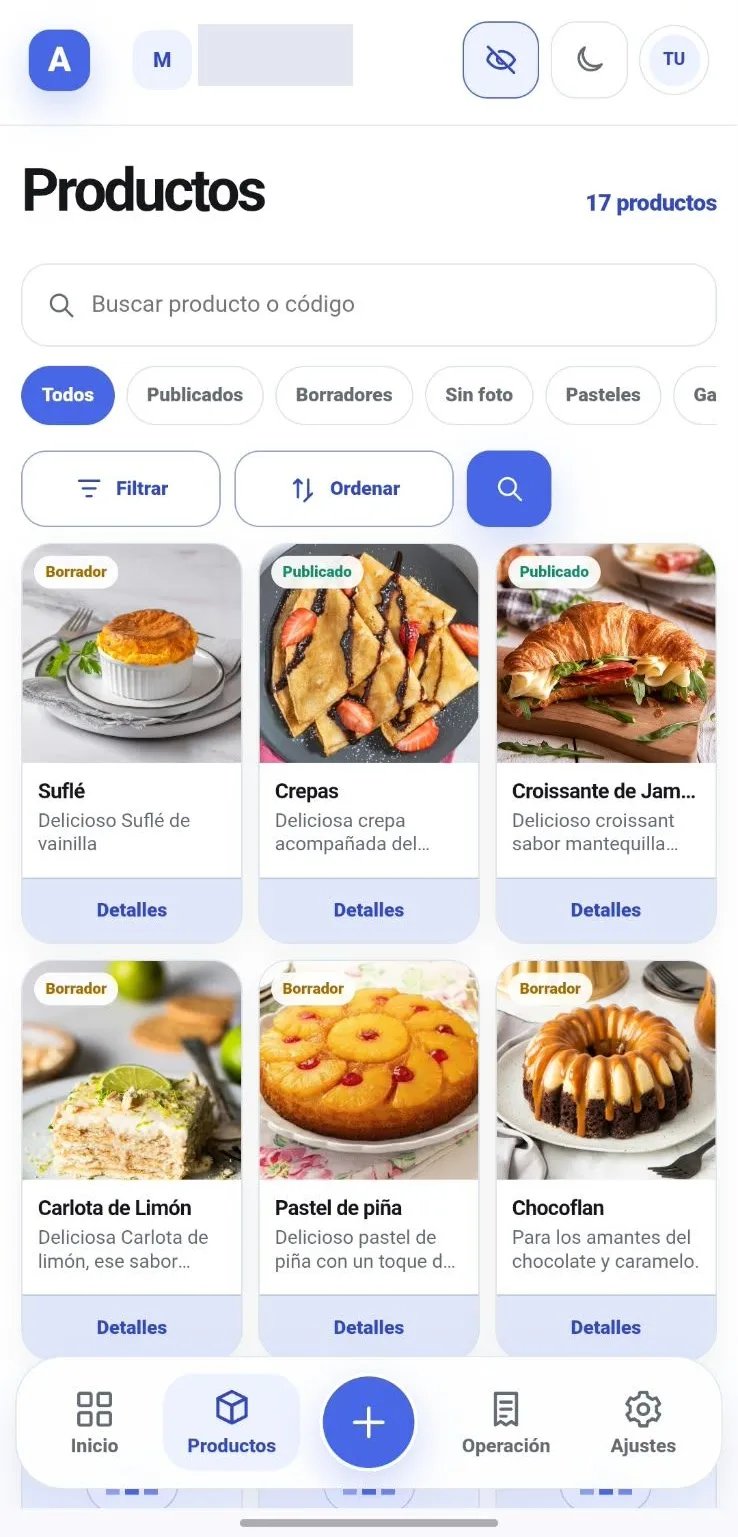 Catálogo de productos en AlphaCommerce, con precio, existencias y estado de publicación de cada ficha.